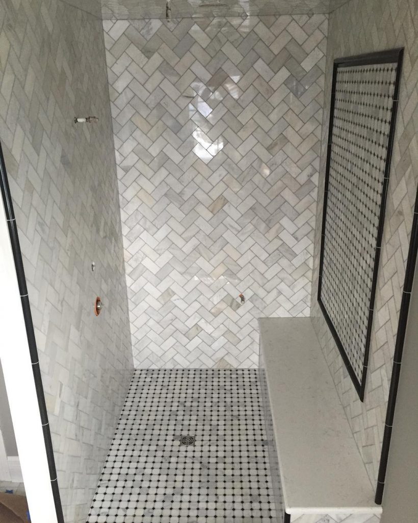 intricate custom shower herringbone